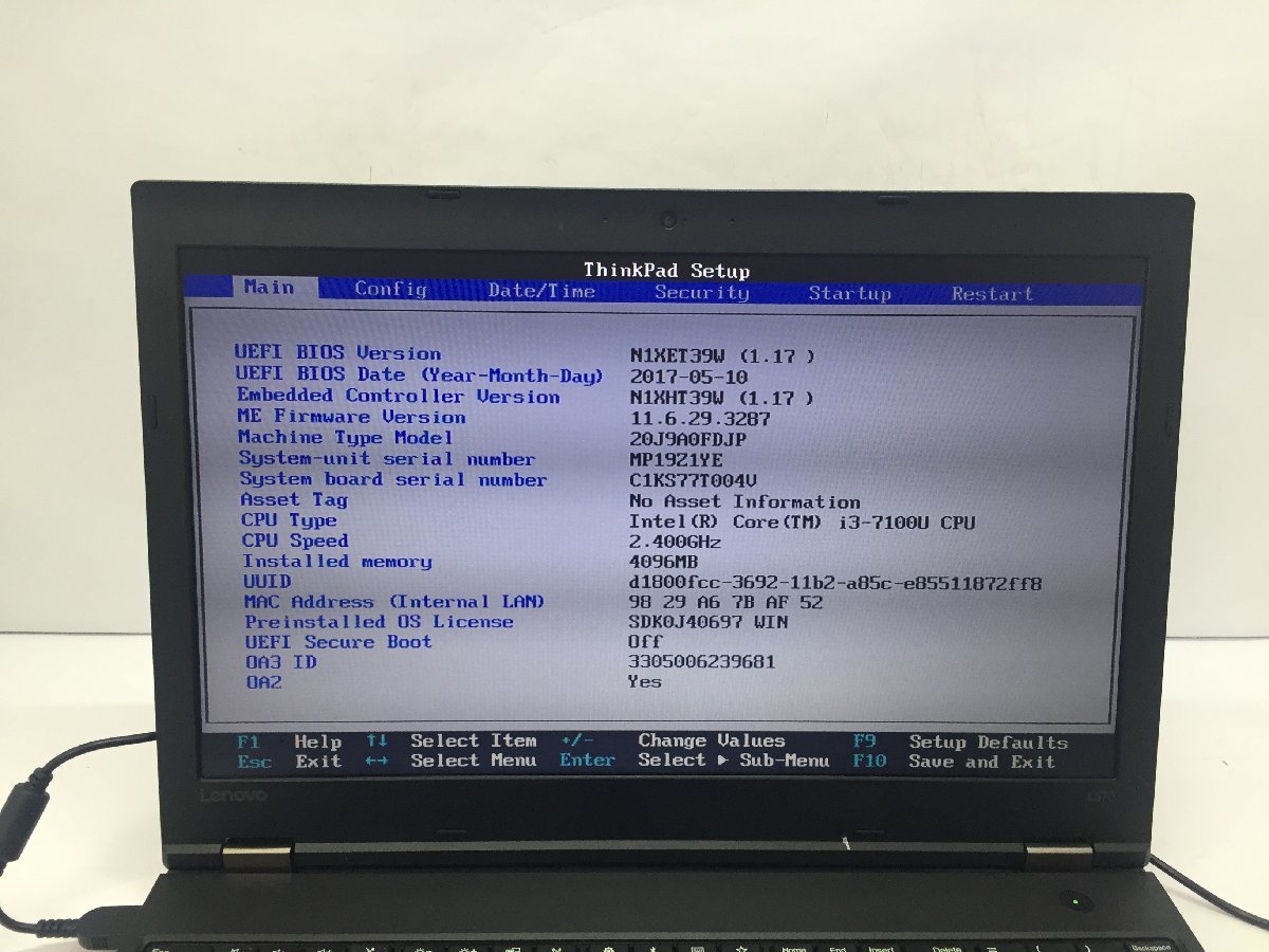 LENOVO 20J9A0FDJP ThinkPad L570 Intel Core i3-7100U メモリ4.1GB SSD128.03GB OS無し ACアダプター欠品【G18155】_写真では分かりにくい液晶ムラがあります