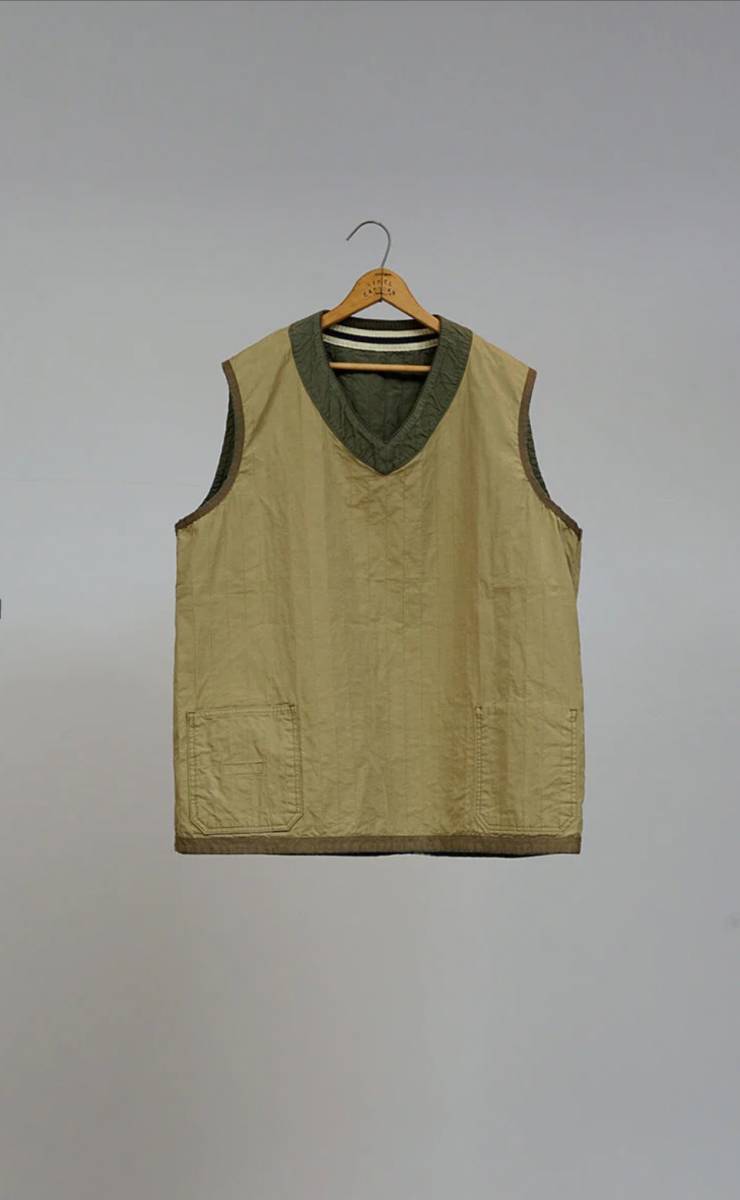 ★Nigel Cabourn(ナイジェル・ケーボン)★FRENCH HOSPITAL VEST-STRIP QUILT(フレンチホスピタルベスト-ストライプキルト)★46★Green★_リバーシブル