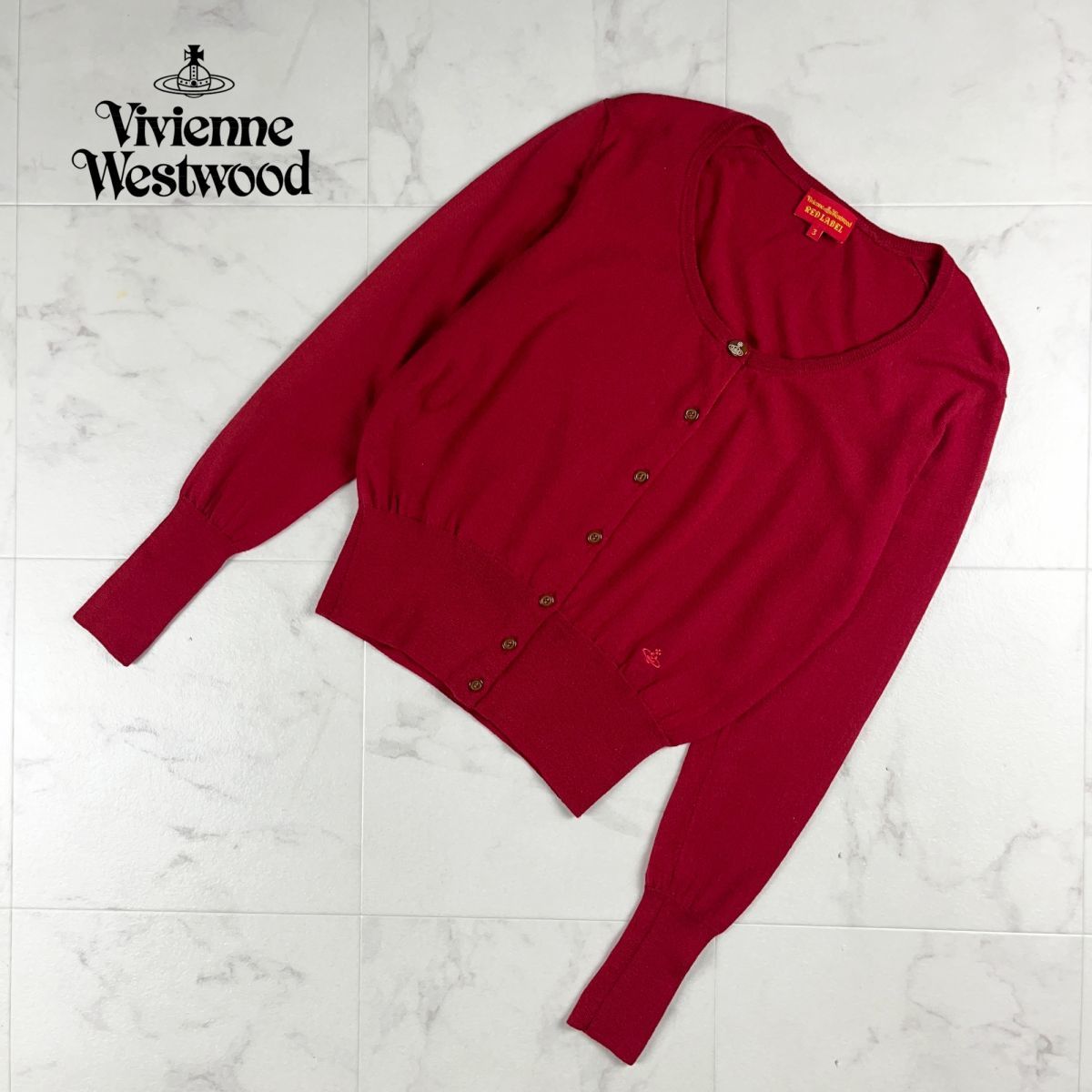 美品 Vivienne Westwood ヴィヴィアン・ウエストウッド ウールカーディガン 刺繍 毛 オーブトップス ピンク レディース サイズM*KC1146_画像1