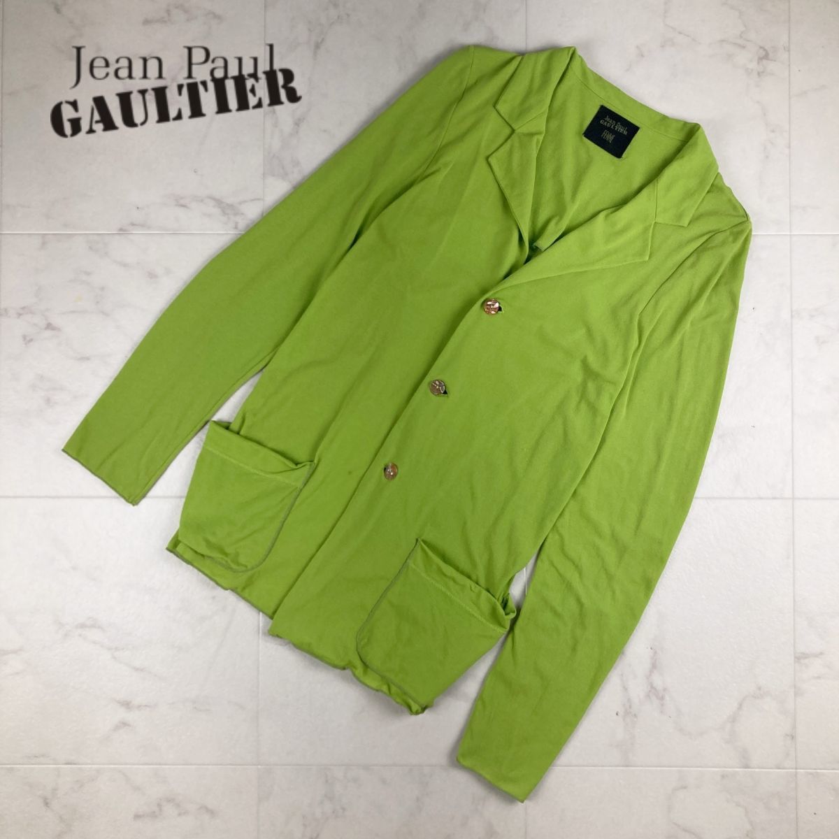 Jean Paul Gaultier FEMME ジャンポール・ゴルチエ 長袖カーディガン トップス 薄手 開襟 レディース 黄緑 サイズM*IC602