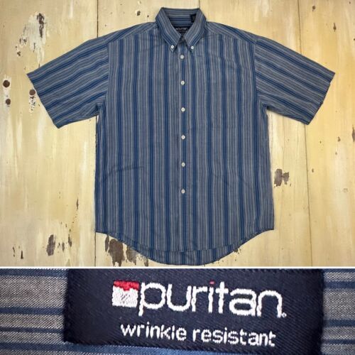 【 新品 】 Blue Gray 90s Vtg - PURITAN Striped 即決 海外 MEDIUM Mens Shirt, Skate Dad Button-up S/S 海外商品購入代行