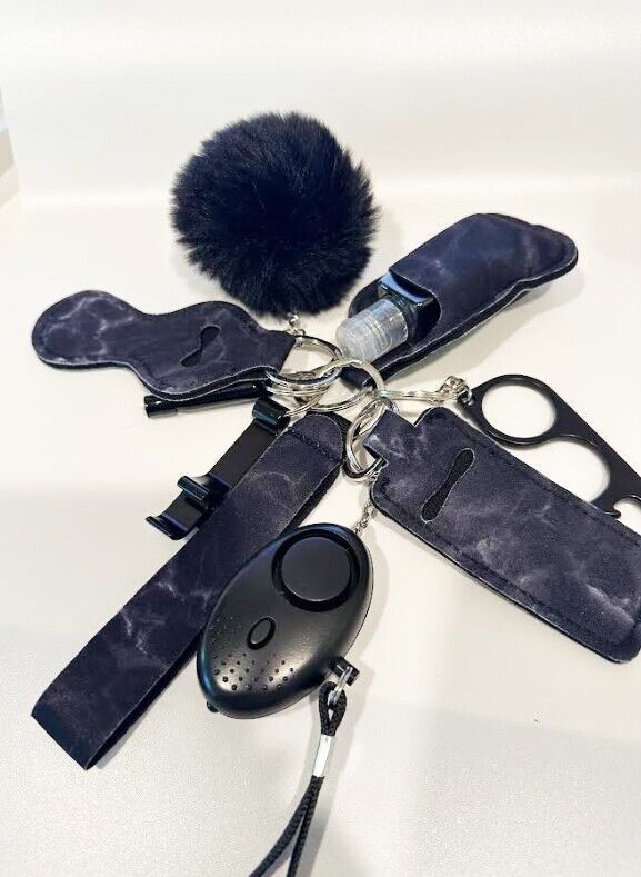 Black Self Defense Keychain Combo Set (Faux Leather Wristlet)