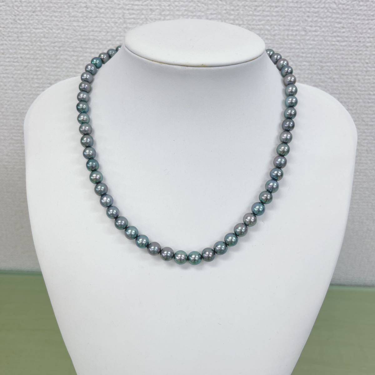 ▲ネックレスイヤリングセット ブラックパール 7.0-7.4mm 黒真珠 SILVER 43cm Pt850 9.0mm_画像2