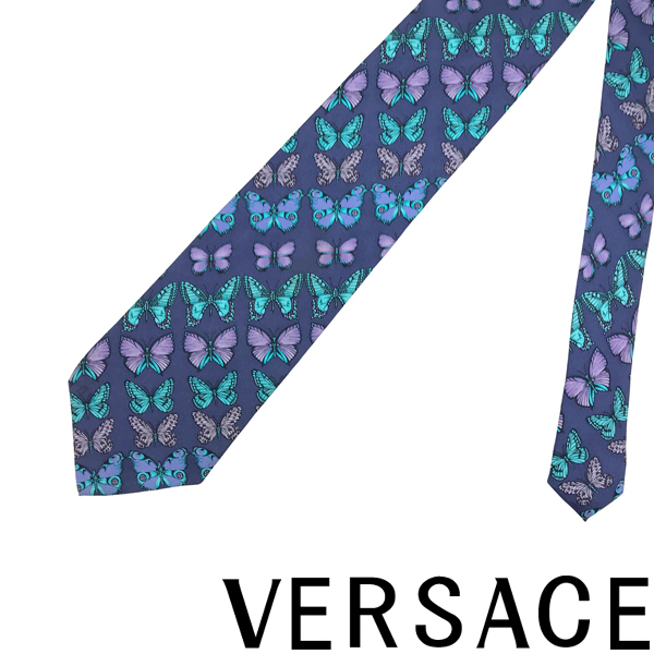 【中古】【非常に良い】VERSACE ネクタイ ブランド ベルサーチ ヴェルサーチェ ブルー×パープル 蝶柄 【剣先幅：9cm】R-VE-T-0059-08_画像1