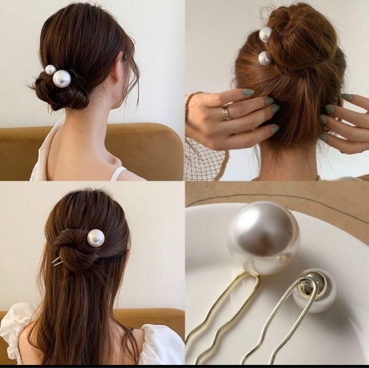 シュシュ かんざし　ヘアアクセサリー　髪飾り　パール　バレッタ　2本セット