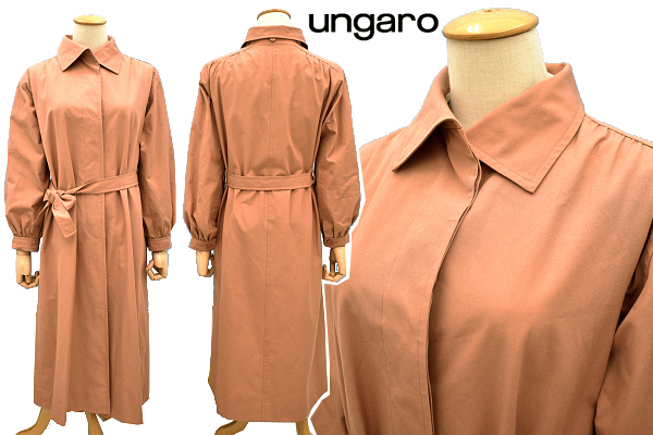 A-4520★送料無料★美品★ungaro parallele paris ウンガロ★上品 ピンク ウエストベルト付き 比翼 フライフロント ロングコート 7号 S_画像1