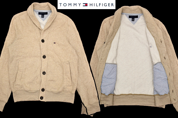 A-4540★美品★TOMMY HILFIGER トミーヒルフィガー★秋冬 裏起毛 スウェット 胸ロゴ ベージュ ショールカラー カーディガン ジャケット XS_画像1