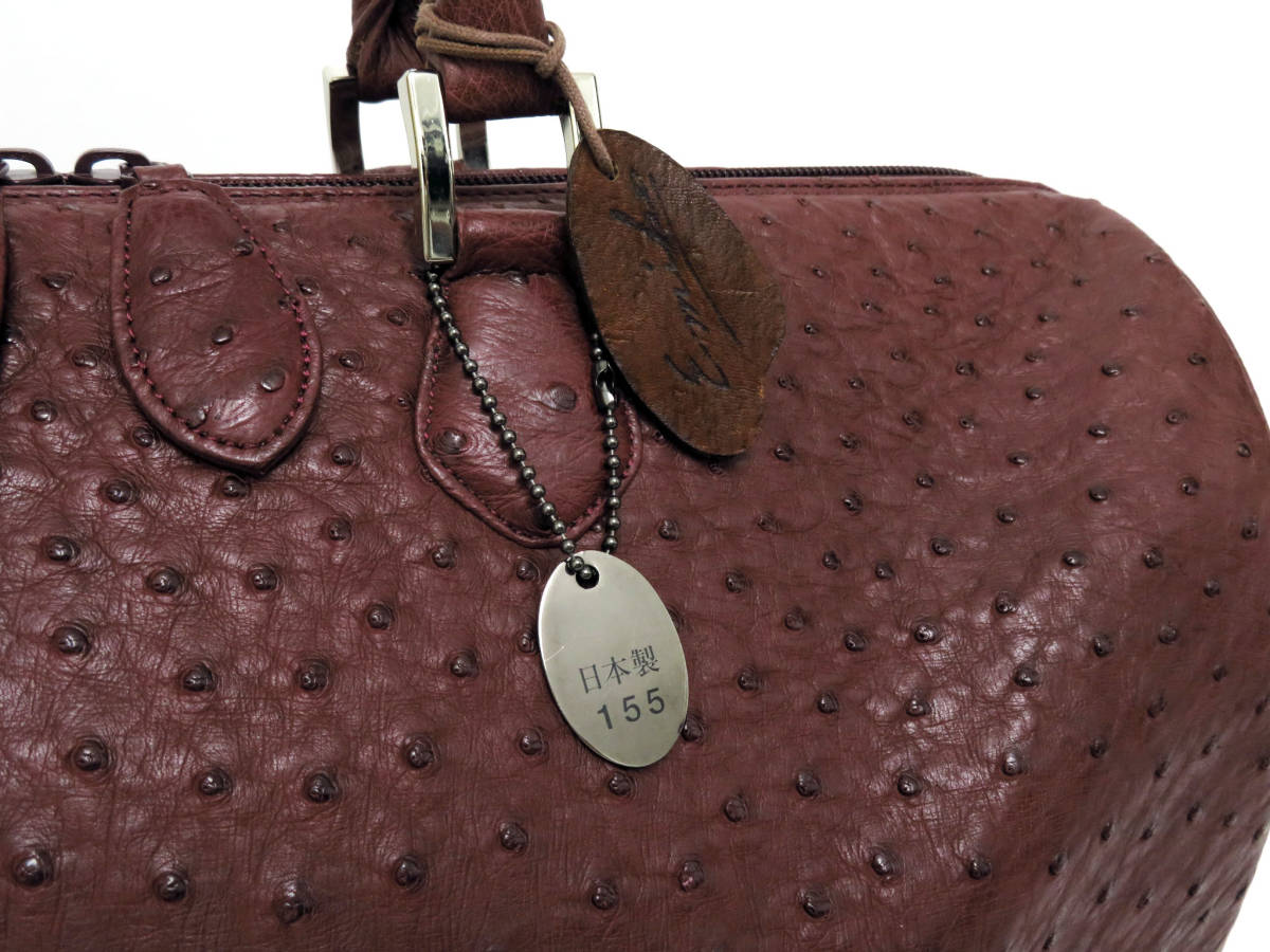 14114 美品 JRA認定 高級 オーストリッチ レザー フルポイント ボストンバッグ 旅行鞄 ワインレッド 日本製 メンズ レディース 男女兼用_画像3