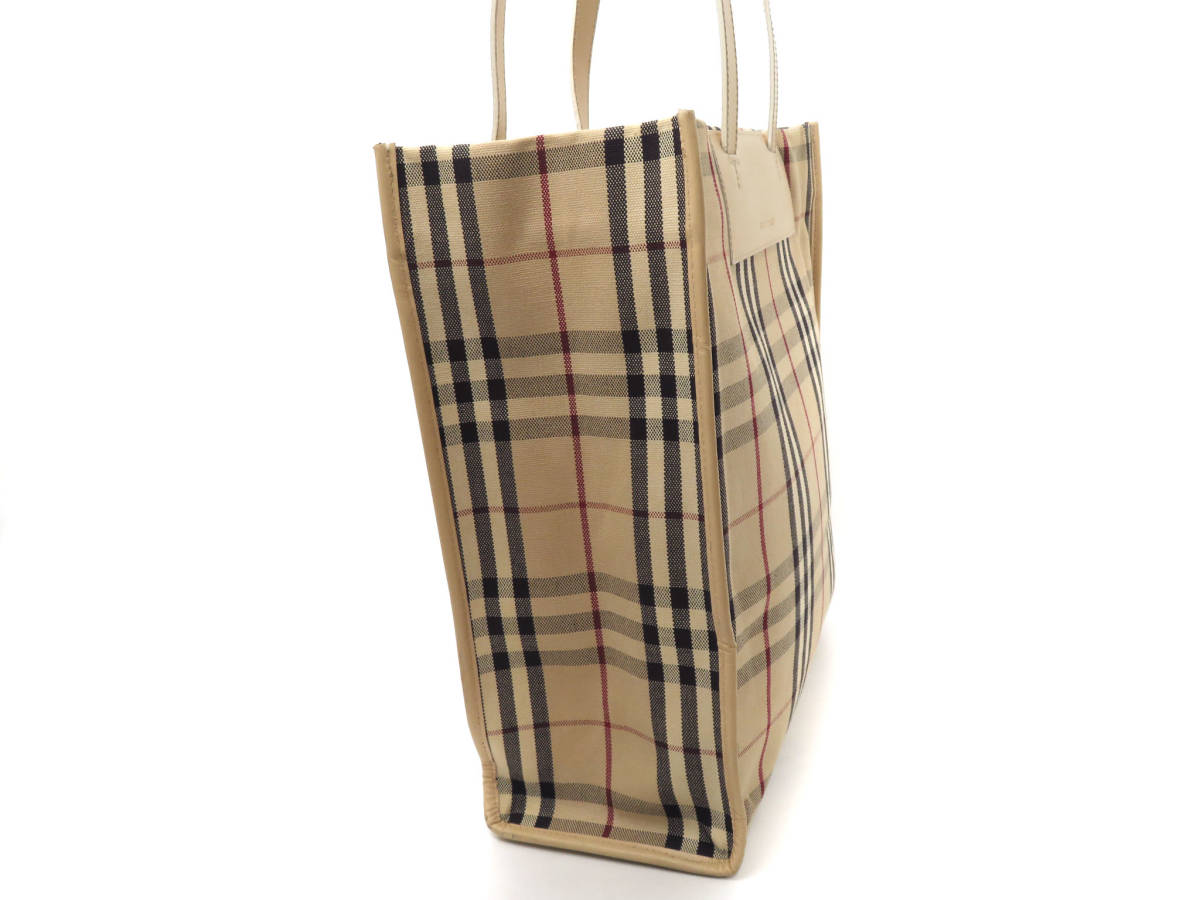 13913 美品 BURBERRY バーバリー ロゴ ノバチェック柄 キャンバス×レザー 肩掛け トートバッグ ショルダーバッグ 鞄 ベージュ レディース_画像4