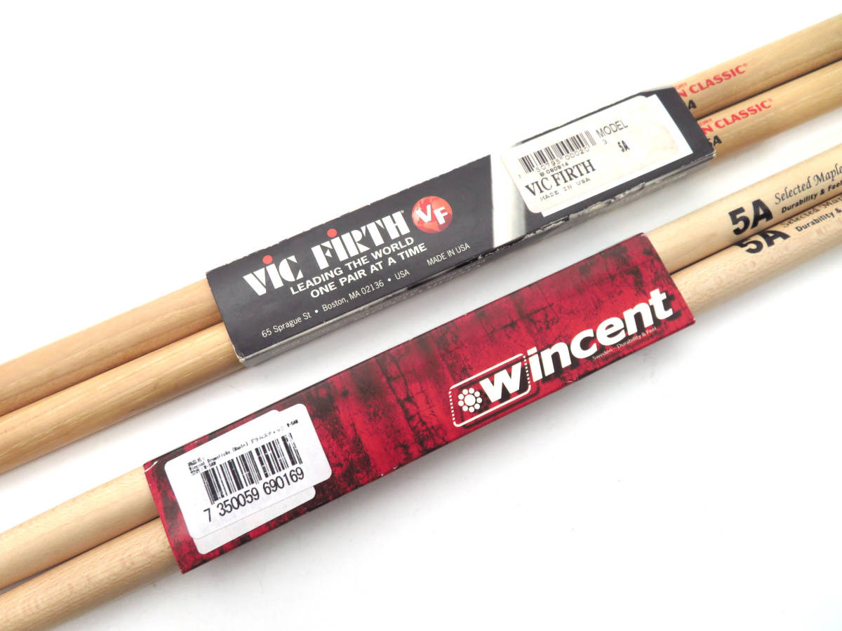 14215 美品 ヴィックファース＆ウィンセント ドラムスティック 2組 セット VIC FIRTH HICKORY 5A USA製 Wincent 5A スウェーデン製 打楽器_画像2