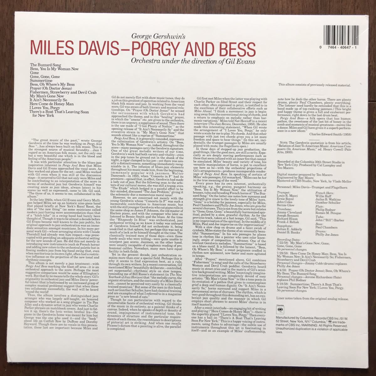 米LP MILES DAVIS/PORGY AND BESS ORCHESTRA UNDER THE DIRECTION OF Gil EVANS US盤 CJ 40647 マイルス・デイビス ギル・エヴァンスの画像2