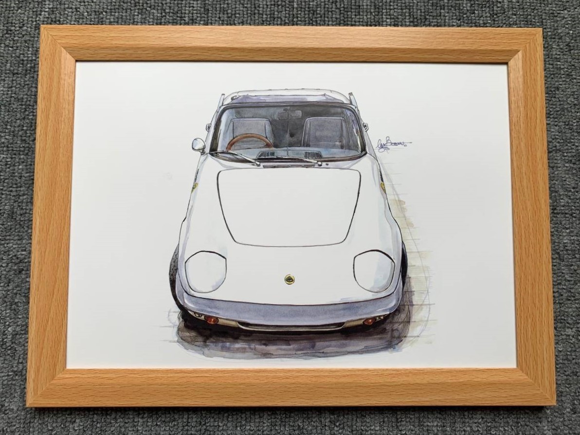 ■BOW。池田和弘『Lotus Elan』B5サイズ 額入り 貴重イラスト 印刷物 ポスター風デザイン 額装品 アートフレーム 旧車_画像1