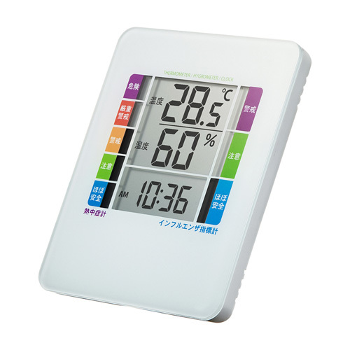 サンワサプライ 熱中症&インフルエンザ表示付きデジタル温湿度計(警告ブザー設定機能付き) CHE-TPHU2WN /l_画像1