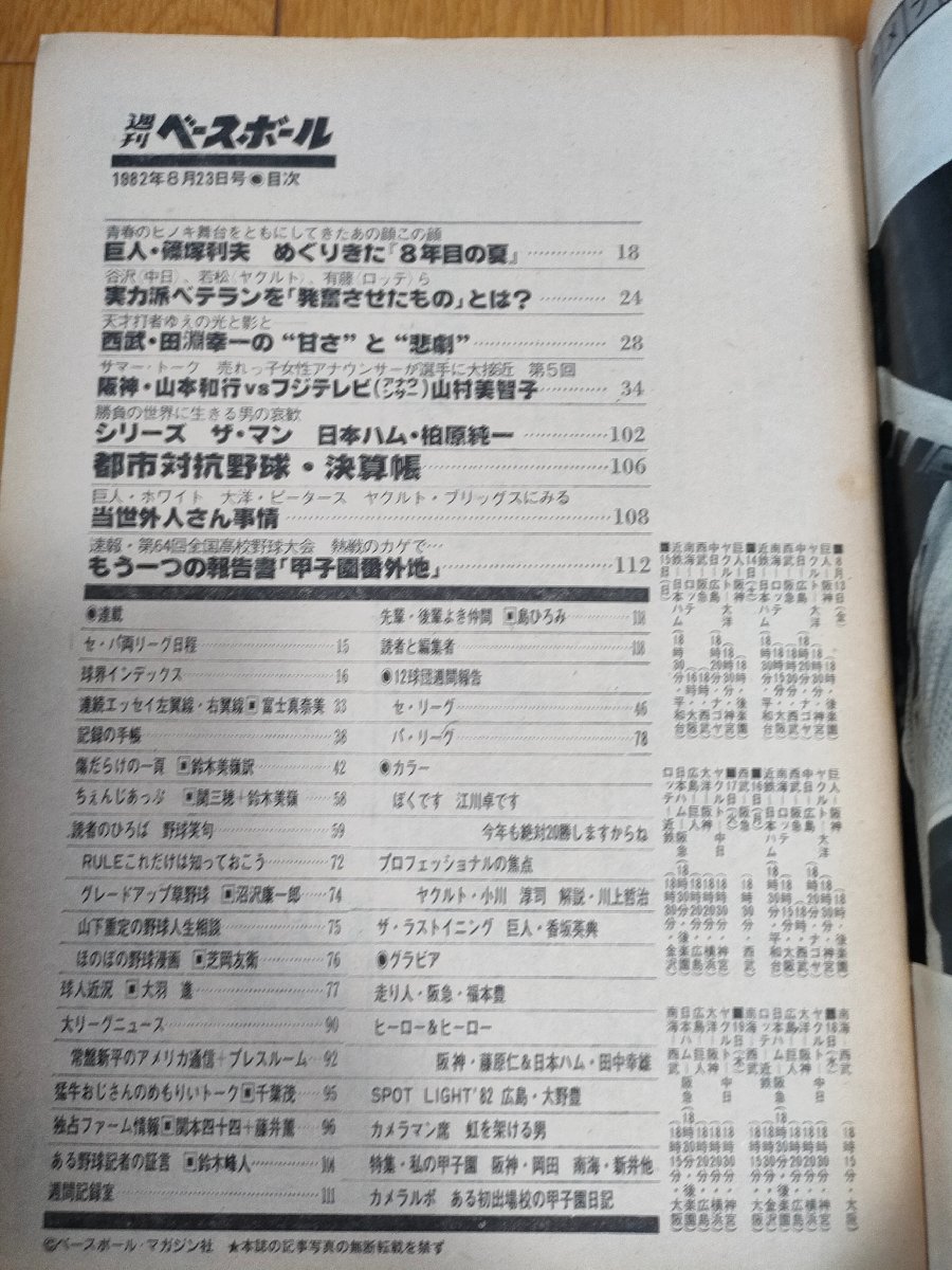 週刊ベースボール 1982.8 No.36 篠塚利夫/江川卓/福本豊/大野豊/田淵幸一/山本和行/柏原純一/ジェームスピータース/プロ野球/雑誌/B3225262_画像2