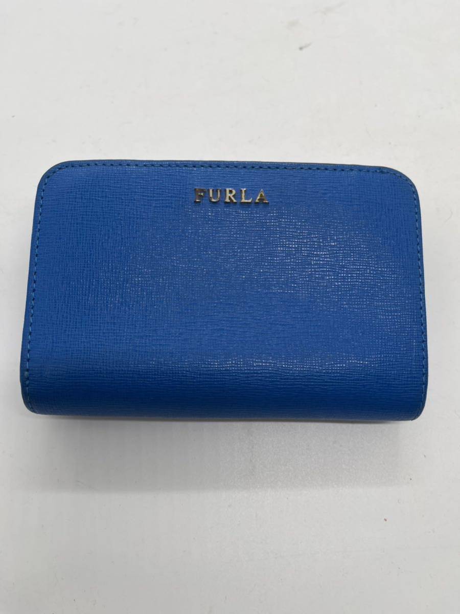 【比較的美品】FURLA フルラ レザー 二つ折り財布 ブルー 青 レディース 収納多数_画像1