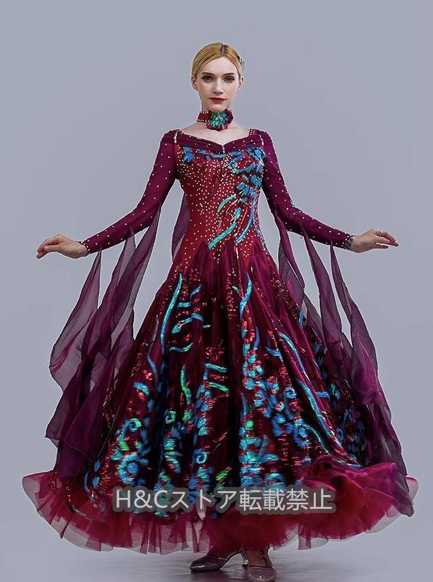 ワルツモダン豪華ドレス　レディース社交ダンス衣装　サイズセミオーダー対応　大きいサイズ有　3色　素敵新作　S～3XL