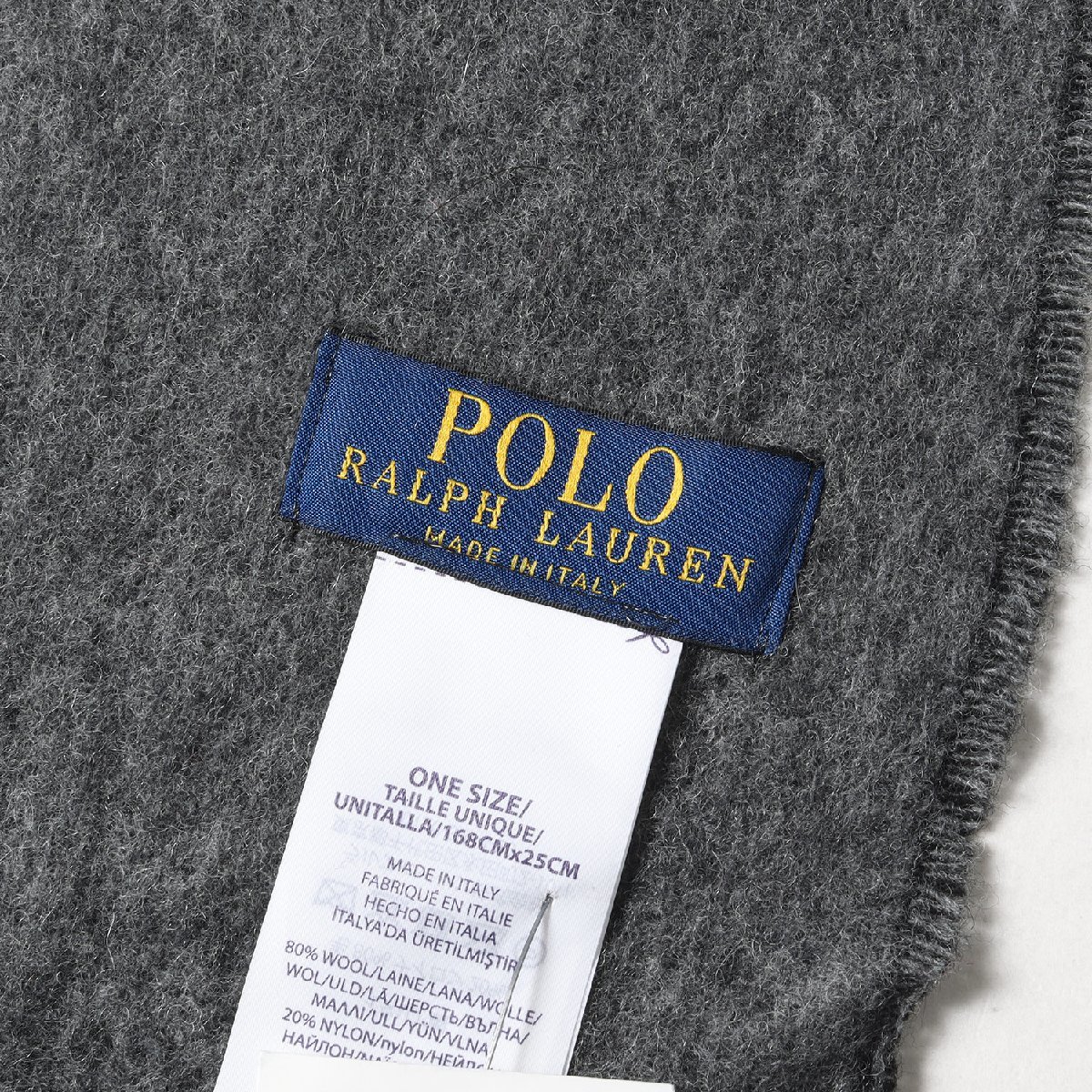 新品 POLO Ralph Lauren ポロ ラルフローレン ワンポイント刺繍 ウール マフラー イタリア製 ブラック グレー ONE SIZE ブランド_画像2