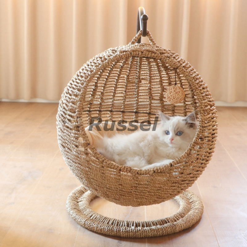 ペット ベッド ラタン 球形 クッション 付き バスケット ソファ おしゃれ かご 手作り ハウス おもちゃ 付き 吊り型 通気性 動物 猫 小型_画像1