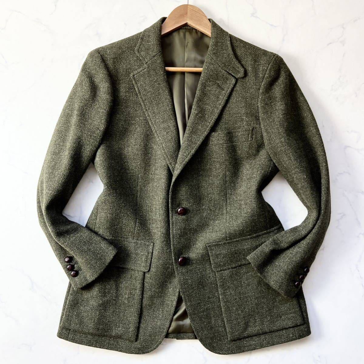 B7 J.PRESS〈ハリスツイード生地〉くるみボタン テーラードジャケット ウール カーキ AB4 S Harris Tweed ジェイプレス_画像2