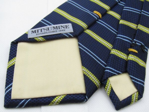OB 498 ミツミネ MITSUMINE ネクタイ 紺 黄色系 ボーダー柄 ジャガード 珍（カッター止めあり）_画像5