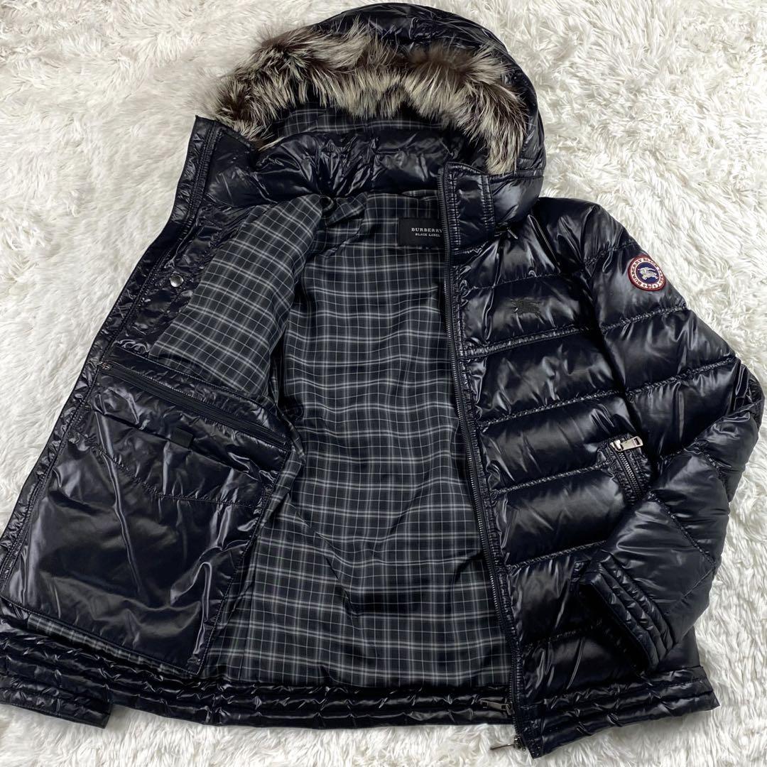 1円～ BURBERRY BLACK LABEL バーバリーブラックレーベル ダウンジャケット フォックスファー ノバチェック　エンブレム ホースロゴ　 M 黒_画像1