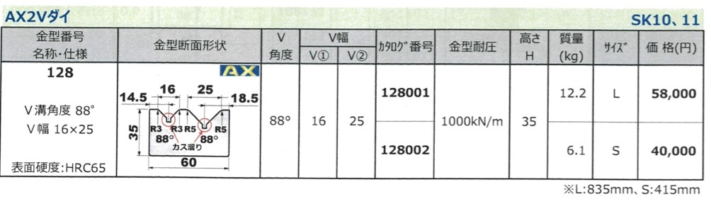 アマダ製　プレスブレーキ・ベンダー用　中古金型　No.128/2Vダイ/V=16×25/88°/長さ＝415【BA-231109-1-MH-6】_画像7