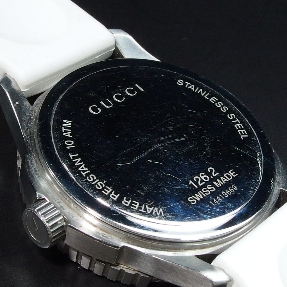 GUCCI グッチ Ｇタイムレススポーツ 126.2 SS ラバー QZ グッチカラー デイト メンズ 腕時計 「22815」_画像6