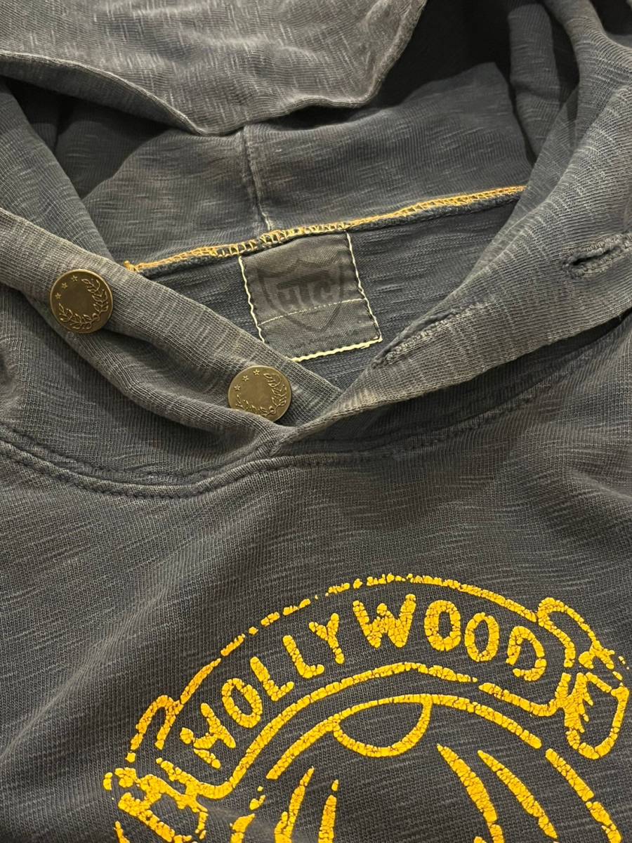  free shipping HTC Hollywood Trading Company INDIGO BLUE BUTTON HOODIE Parker Denim color blue indigo navy navy blue one owner beautiful goods 