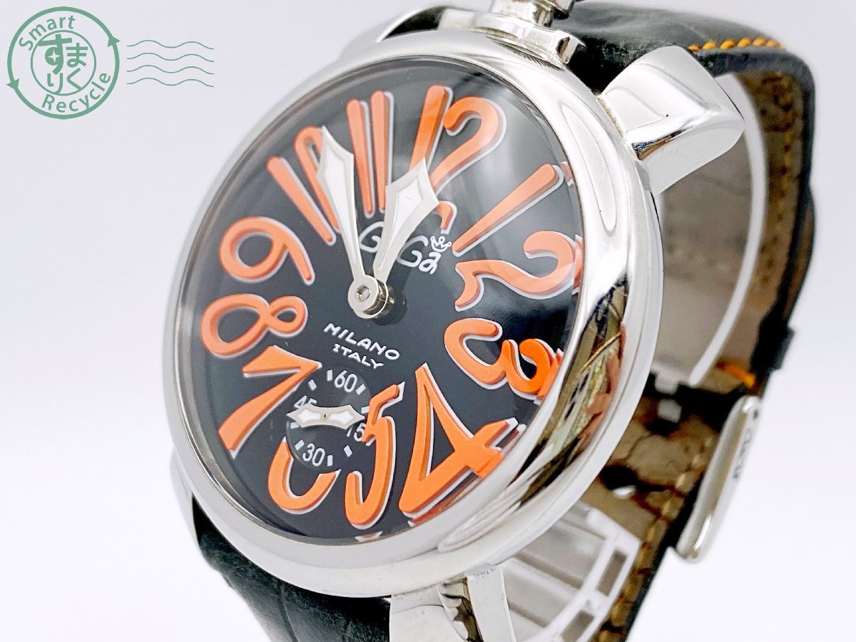 12283981　▽ GaGa MILANO ガガミラノ マヌアーレ MANUALE 48MM MECCANICO メンズ 腕時計 手巻き式 裏スケ ブラック × オレンジ文字盤_画像1