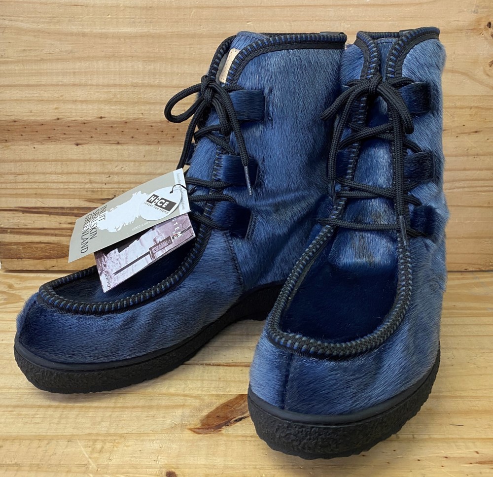 【直輸入・正規品】 新品 イタリア製 HICE あざらし毛皮 防寒・2WAY(スパイク付 26㎝ NAVY 全面ムートン