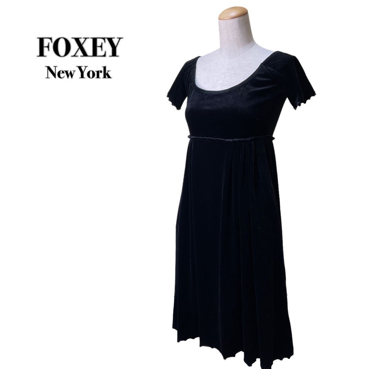 FOXEY New York フォクシーニューヨーク ベロア半袖ワンピース 黒ブラック38 M ドレス_画像1