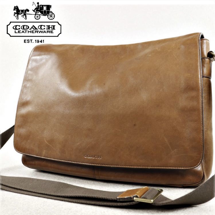 【美品】相場価格￥79,000- COACH コーチ C1269-70486 牛革 オールレザー ブリーカー クーリエ メッセンジャー ショルダーバッグ キャメル_画像1