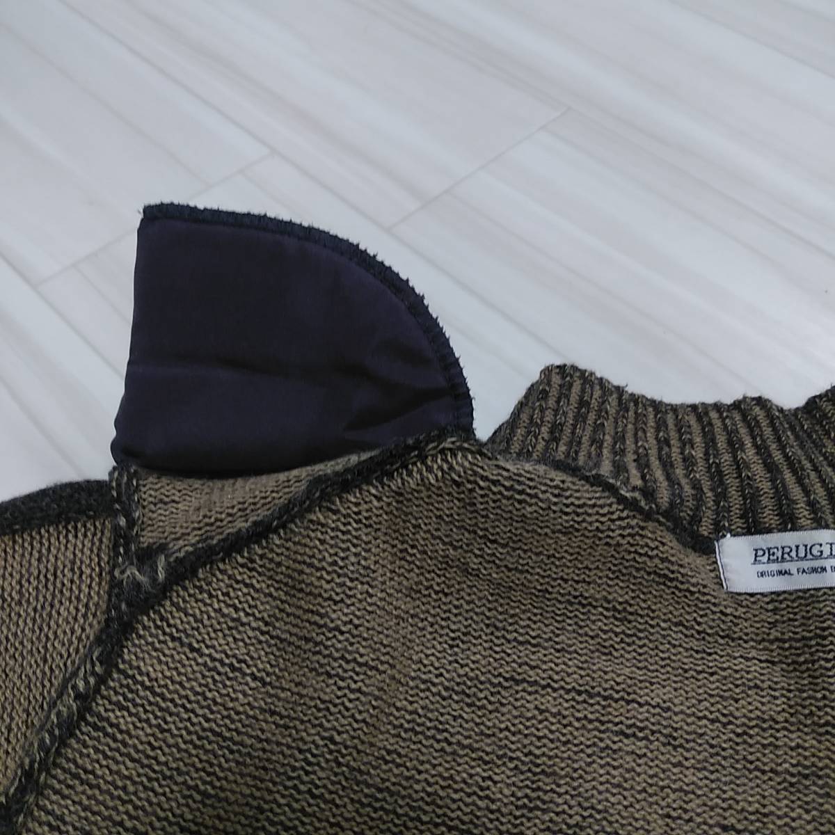 PERUGIA 長袖セーター ニット ハイネック グレー・茶色系 総柄 M-L 毛30% ミセス_画像10