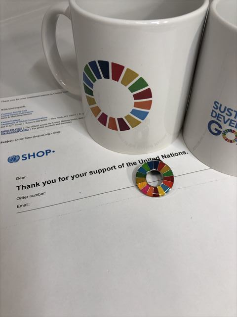 （国連ブックショップ購入・送料無料）SDGs ピンバッジ　 1個(990円税込）（新品未使用）(ラバークラスプ再生素材)（保存小分袋1枚付）UN70_マグカップ・レシート等は参考掲載（非売品