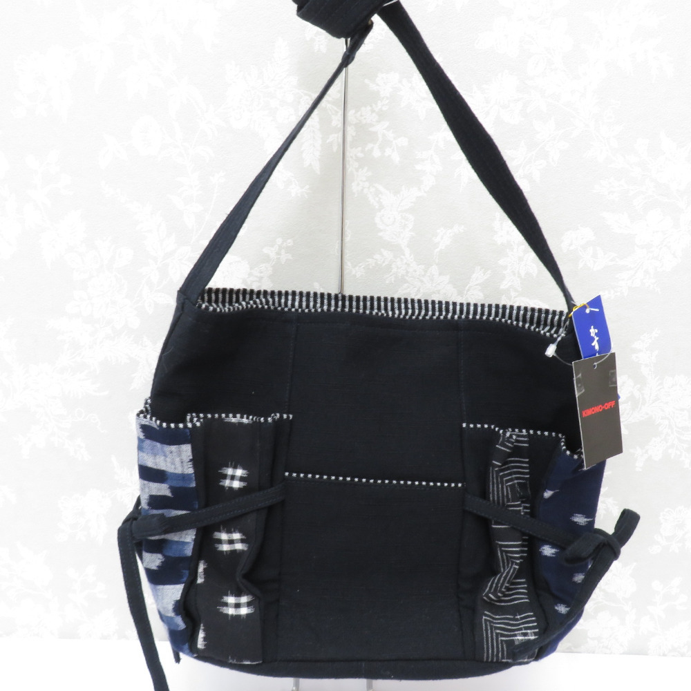 ショルダーバッグ 綿100％ 絣 バッグ ブラック×ネイビー 絣柄 日本製 かすりの里 ポケット付き 新品