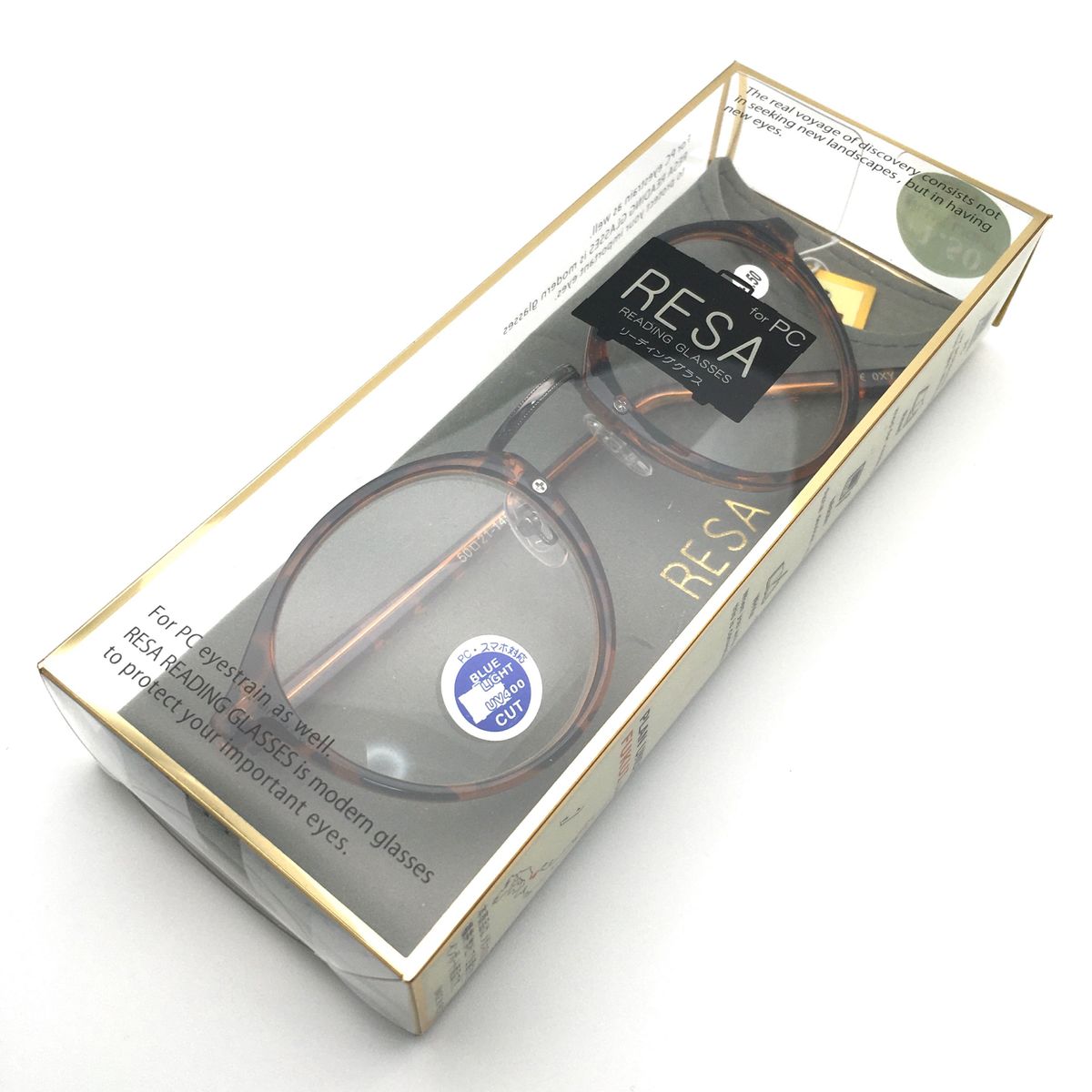 アウトレット　ゴールドテンプルがおしゃれ　ボストンダテメガネのような老眼鏡　ブルーライト、紫外線カット仕様　ケース付　デミ+1.5