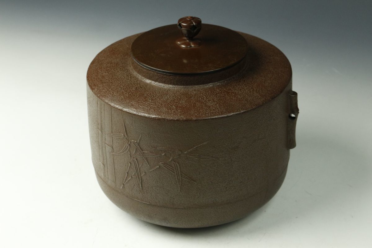 【LIG】釡師 角谷莎村 竹地紋 肩衝釜 共箱 茶道具 茶家収蔵品[.Y]23.11_画像2