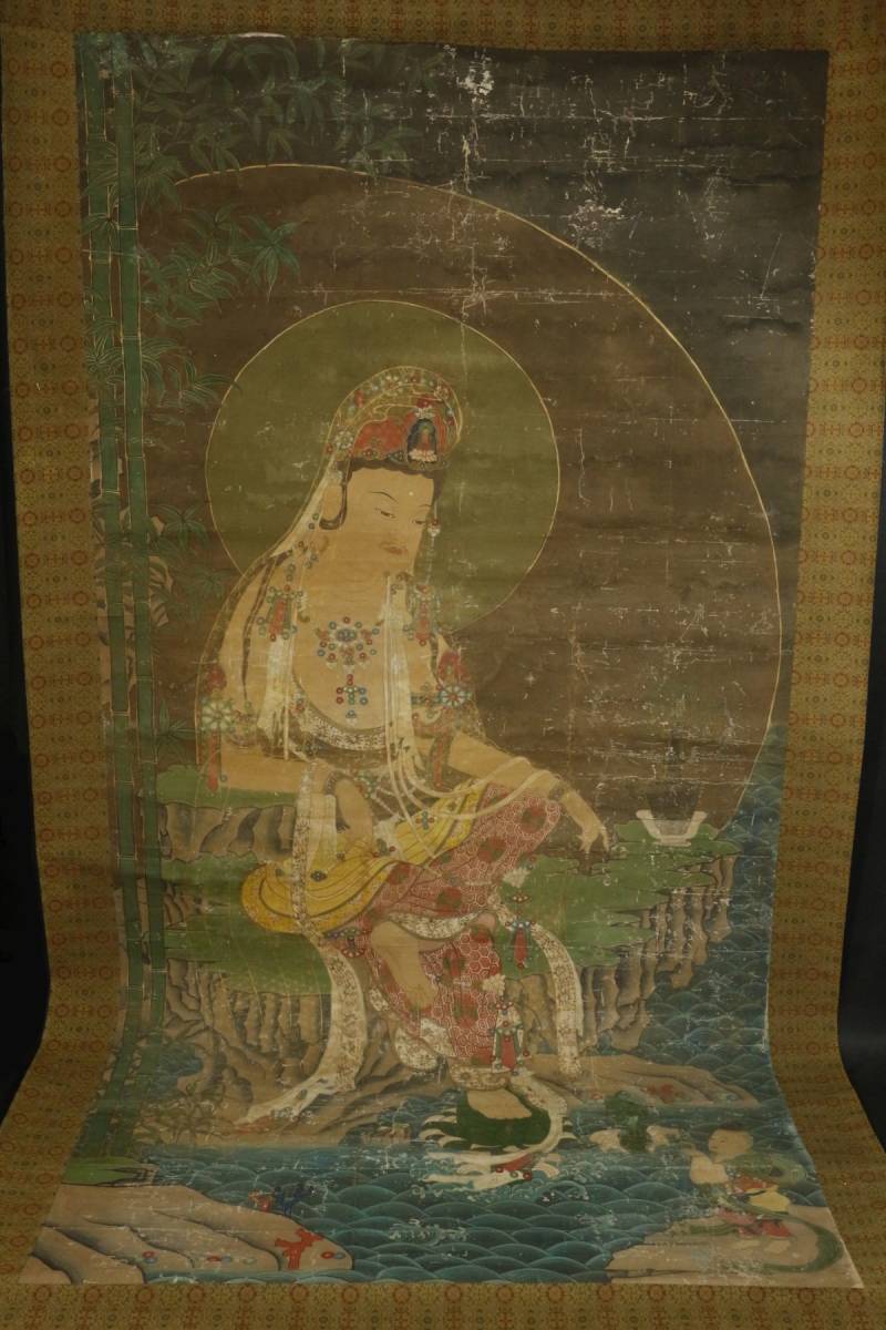 【LIG】高麗仏画 水月観音図 特大134㎝×263㎝ 絹本彩色 古画 寺院収蔵品 [.RII]23.12_画像3