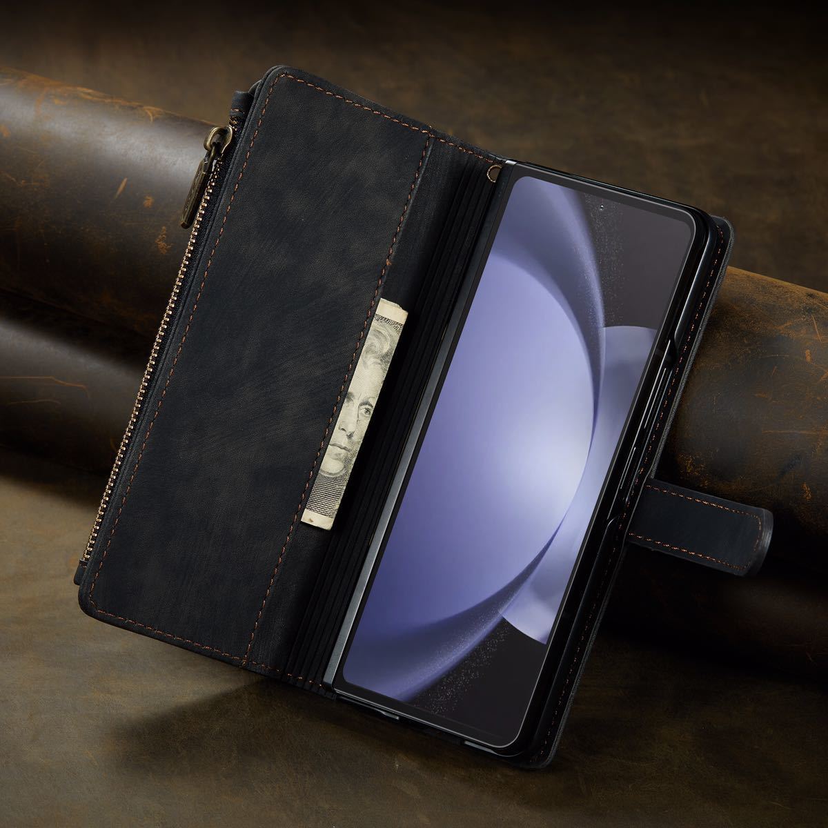 Galaxy Z Fold5 レザーケース フルカバー ギャラクシーzフォールド5 ケース 手帳型 カード収納 お財布付き ブラック_画像4