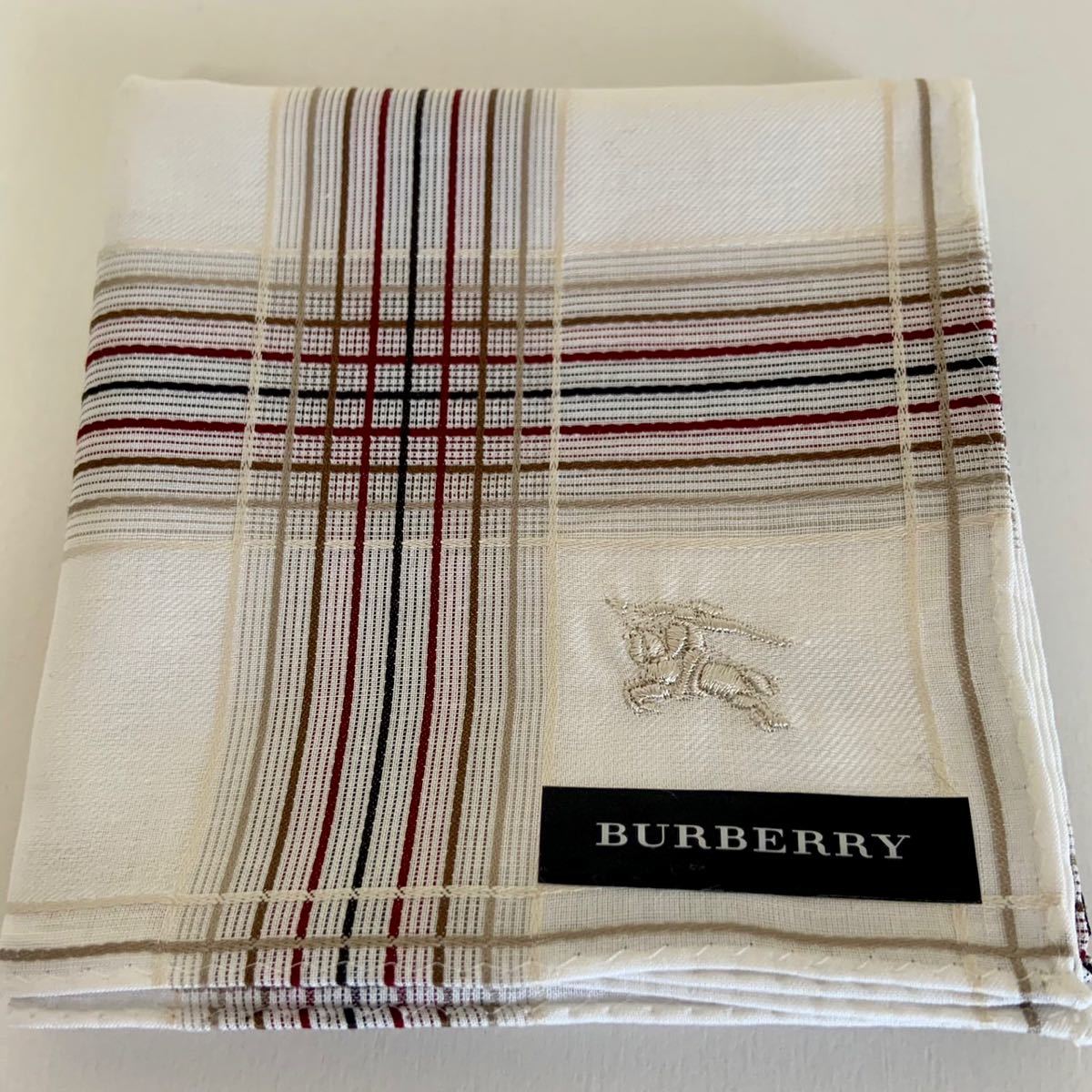 未使用 BURBERRY バーバリー 大判ハンカチ 綿100% 日本製 チェック柄 ホース 刺繍 ハンカチ ブルーミング中西