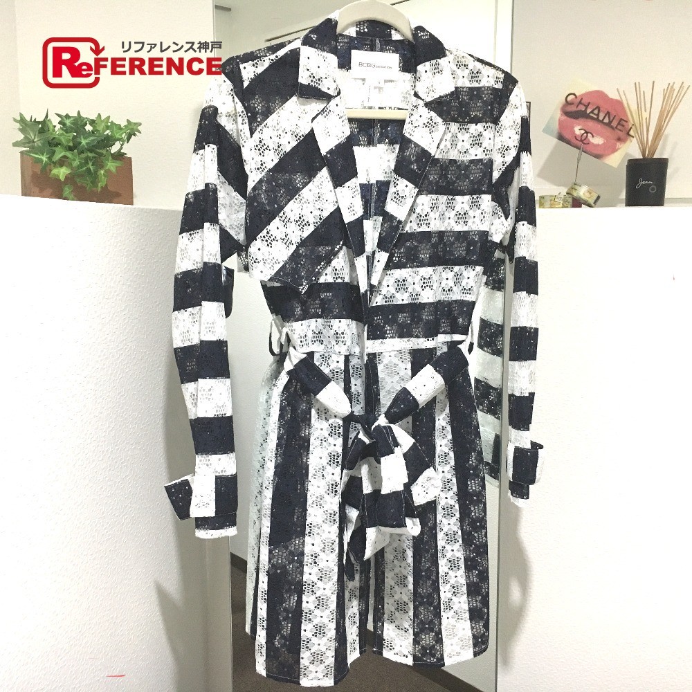 新品同様 BCBGENERATION ビーシービージェネレーション ボーダー スケルトン 刺繍レース ロングコート ホワイト