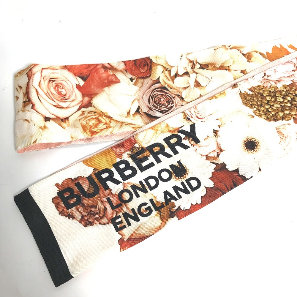 新品同様 BURBERRY バーバリー 8021938 Floral Print Silk Skinny Scarf バンドースカーフ スカーフ ピンク レディース【中古】_画像2