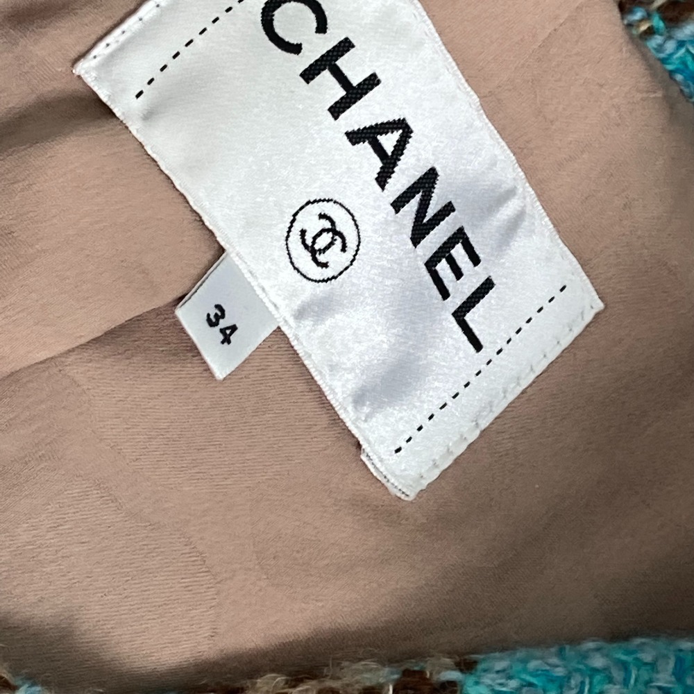  прекрасный товар CHANEL Chanel P73646biju- стразы кнопка Mix твид 22K здесь Mark длинное пальто оттенок голубого 