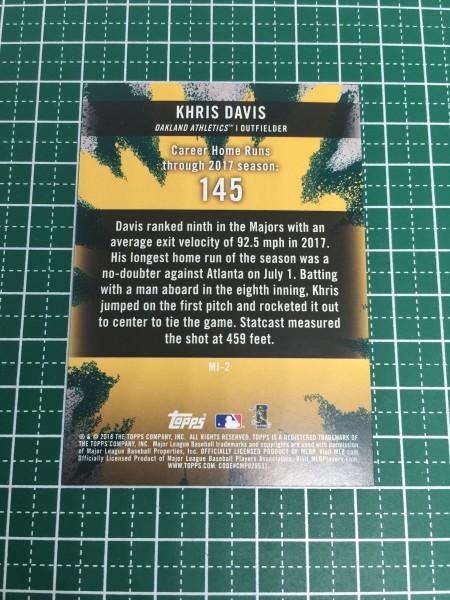 即決のみ！★TOPPS MLB 2018 BIG LEAGUE MI-2 クリス・デービス（KHRIS DAVIS）【オークランド・アスレチックス】インサートカード 18★_画像2