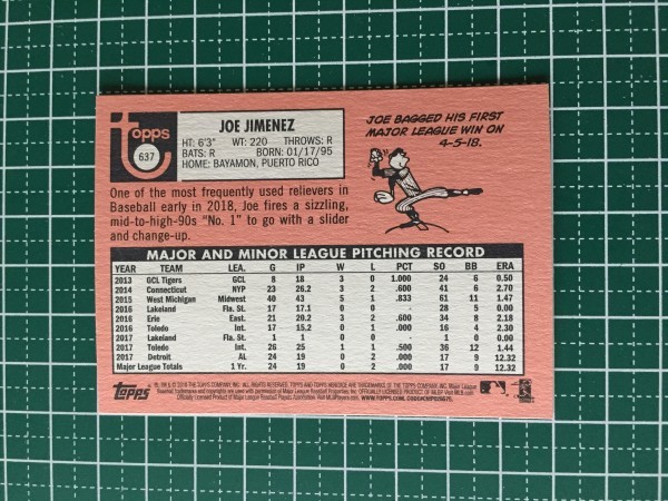 即決のみ！★TOPPS MLB 2018 HERITAGE HIGH NUMBER #637 ジョー・ヒメネス（JOE JIMENEZ）【デトロイト・タイガース】ベースカード 18★_画像2