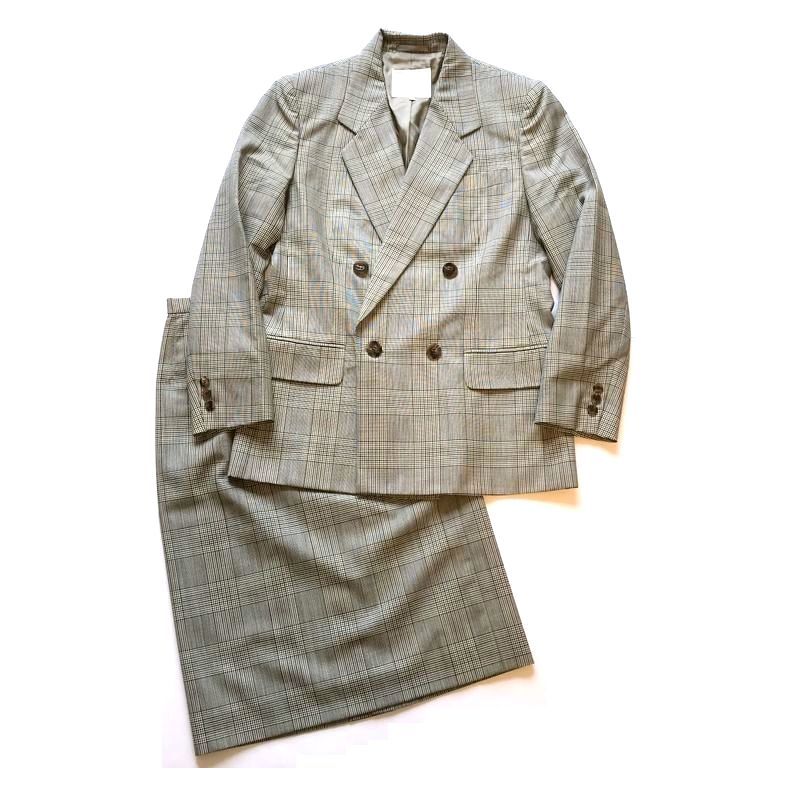 【美品】Vintage 80s Burberrys バーバリーズ ウール チェック ダブルテーラードジャケット＆スカート セットアップ size:9/ダブルブレスト