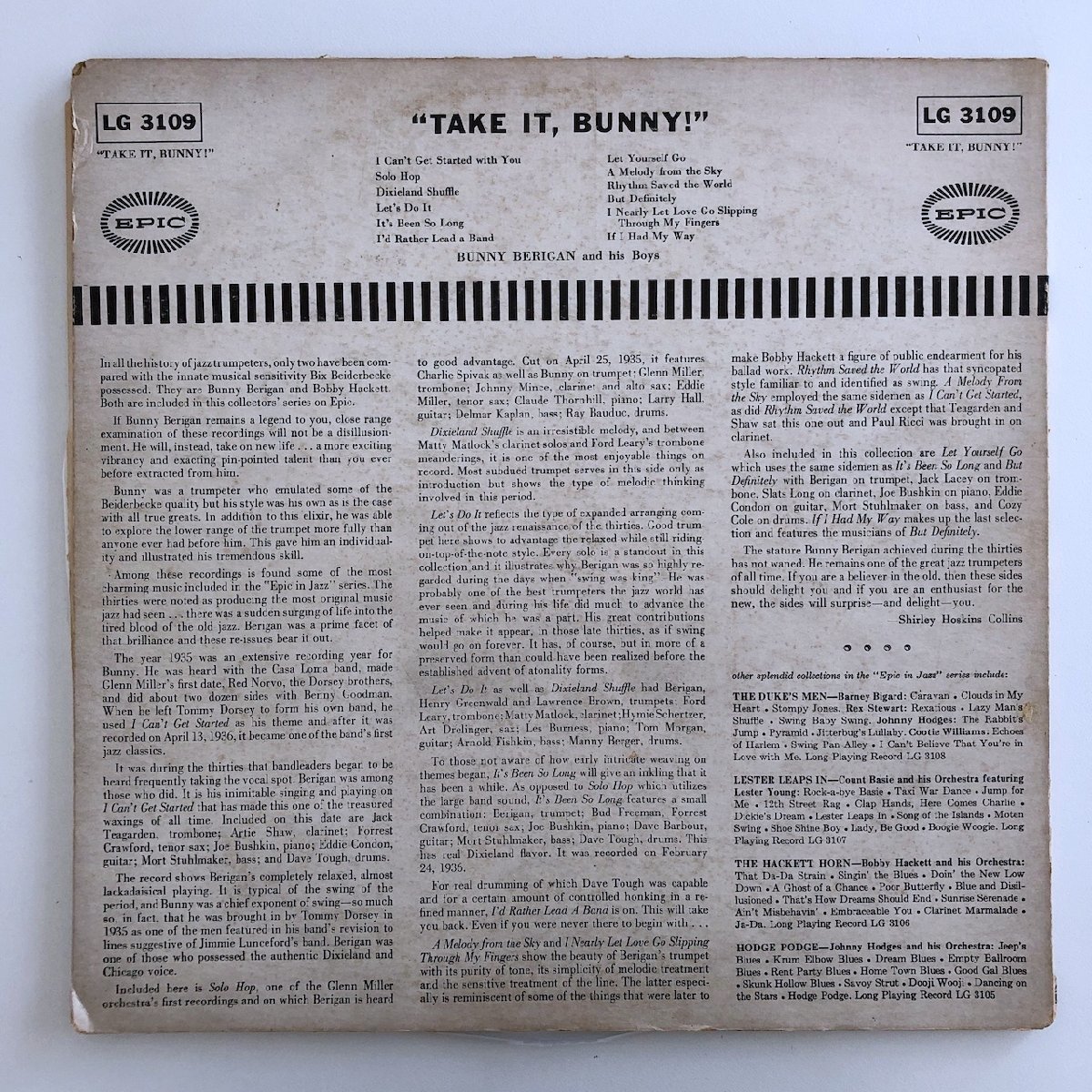 LP/ BUNNY BERIGAN AND HIS BOYS / TAKE IT, BUNNY ! / バニー・ベリガン / US盤 オリジナル ストロボラベル 深溝 EPIC LG3109 31030の画像2