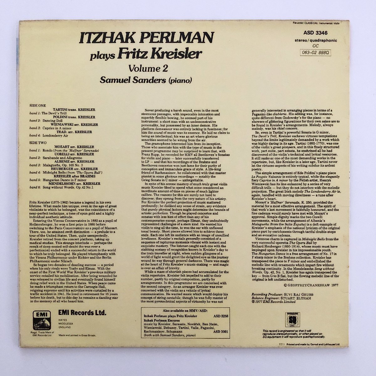 LP/ パールマン、サンダース / クライスラー：ヴァイオリン名曲集 / UK盤 モノクロスタンプ EMI ASD3346 31211_画像2