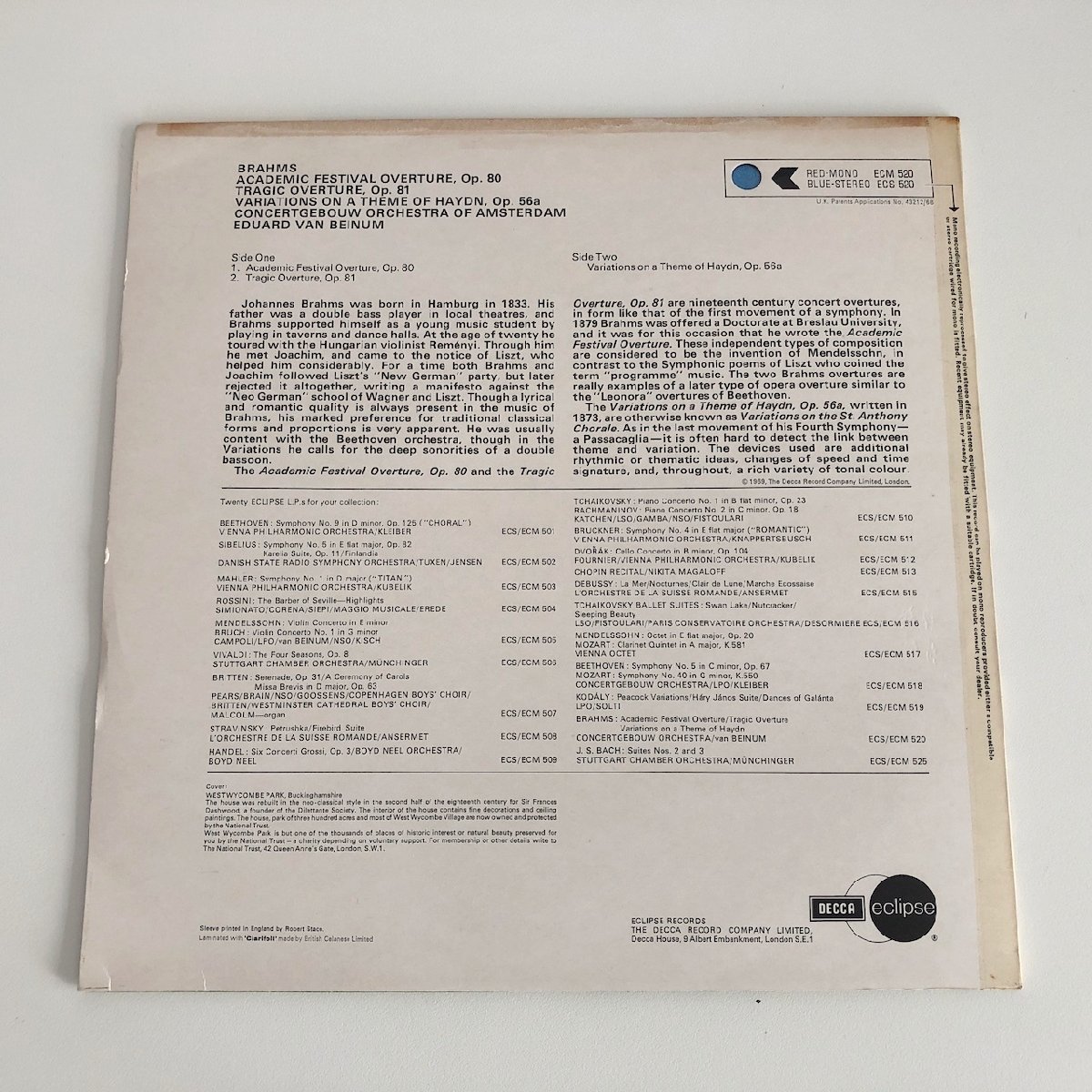 LP/ ベイヌム / ブラームス：大学祝典序曲、悲劇的序曲、ハイドンの主題による変奏曲 / UK盤 DECCA ECS520 31220_画像2