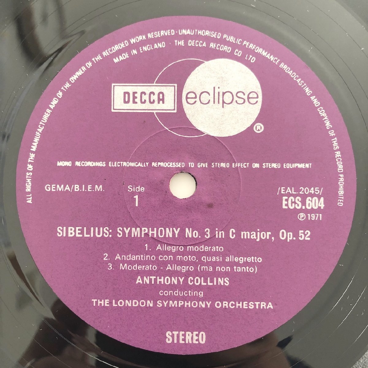 LP/ A.コリンズ、ロンドン交響楽団 / シベリウス：交響曲第3番、第4番 / UK盤 DECCA ECS604 31220_画像3